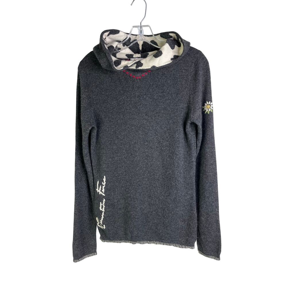 Mountain Force Sweater Women 36/S Charcoal Gray Cashmere Cow Print Hooded Jacket